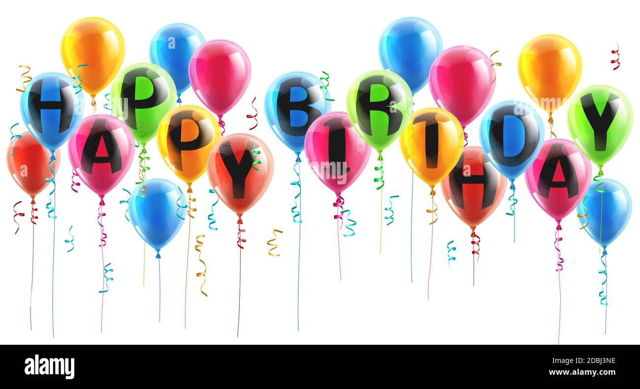 Party Balloons spelling out Happy Birthday with confetti or ribbons Stock Photo