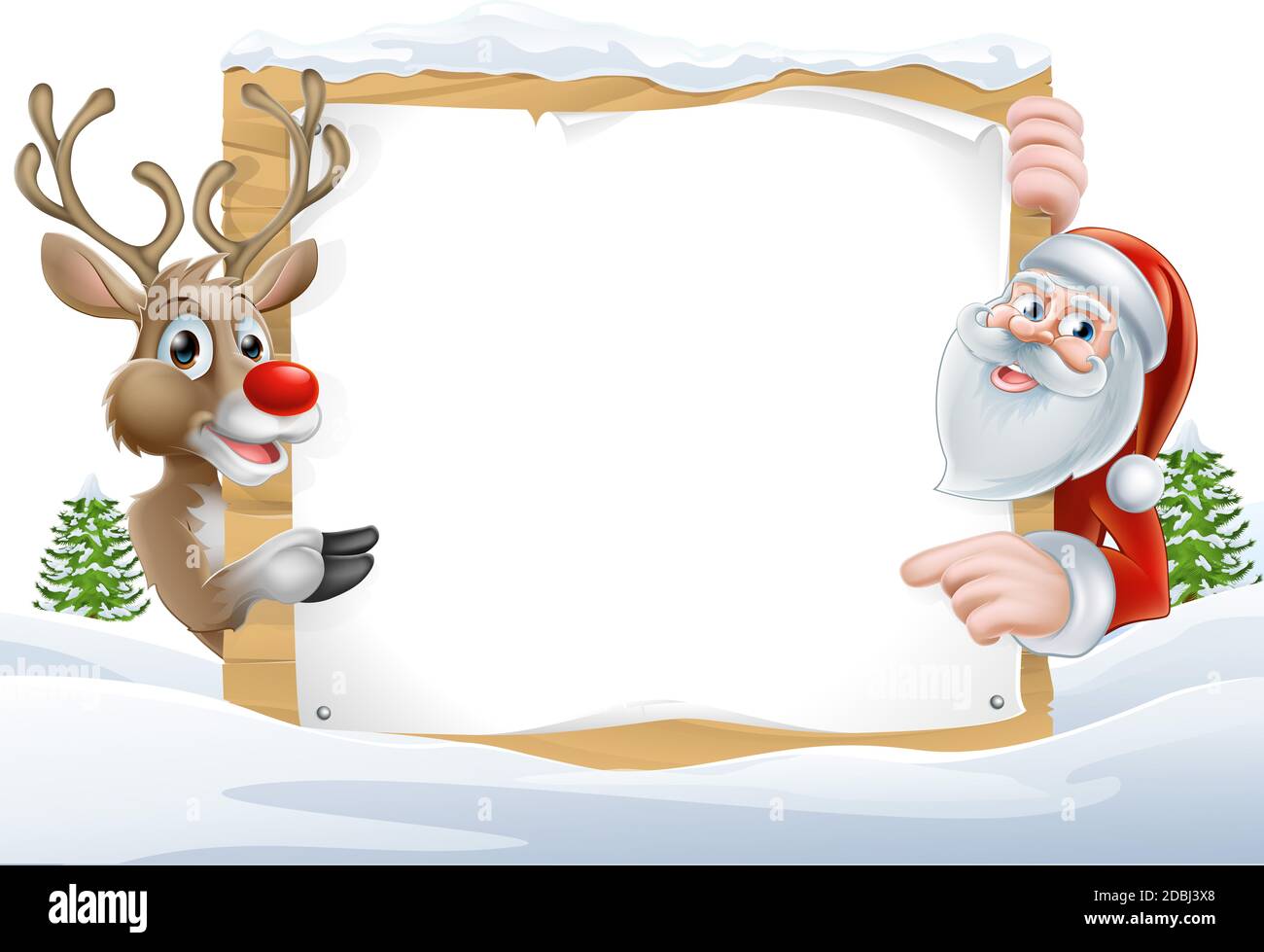 Cartoon Reindeer and Santa pointing at a snow covered sign in a winter landscape Stock Photo