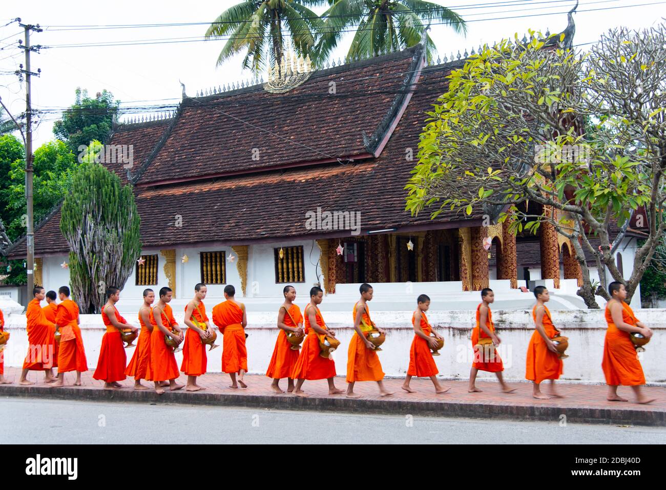 Buddhist monks receive rice from locals during an early morning daily ritual known as Sai Bat (morning alms) in Luang Prabang, Laos Stock Photo