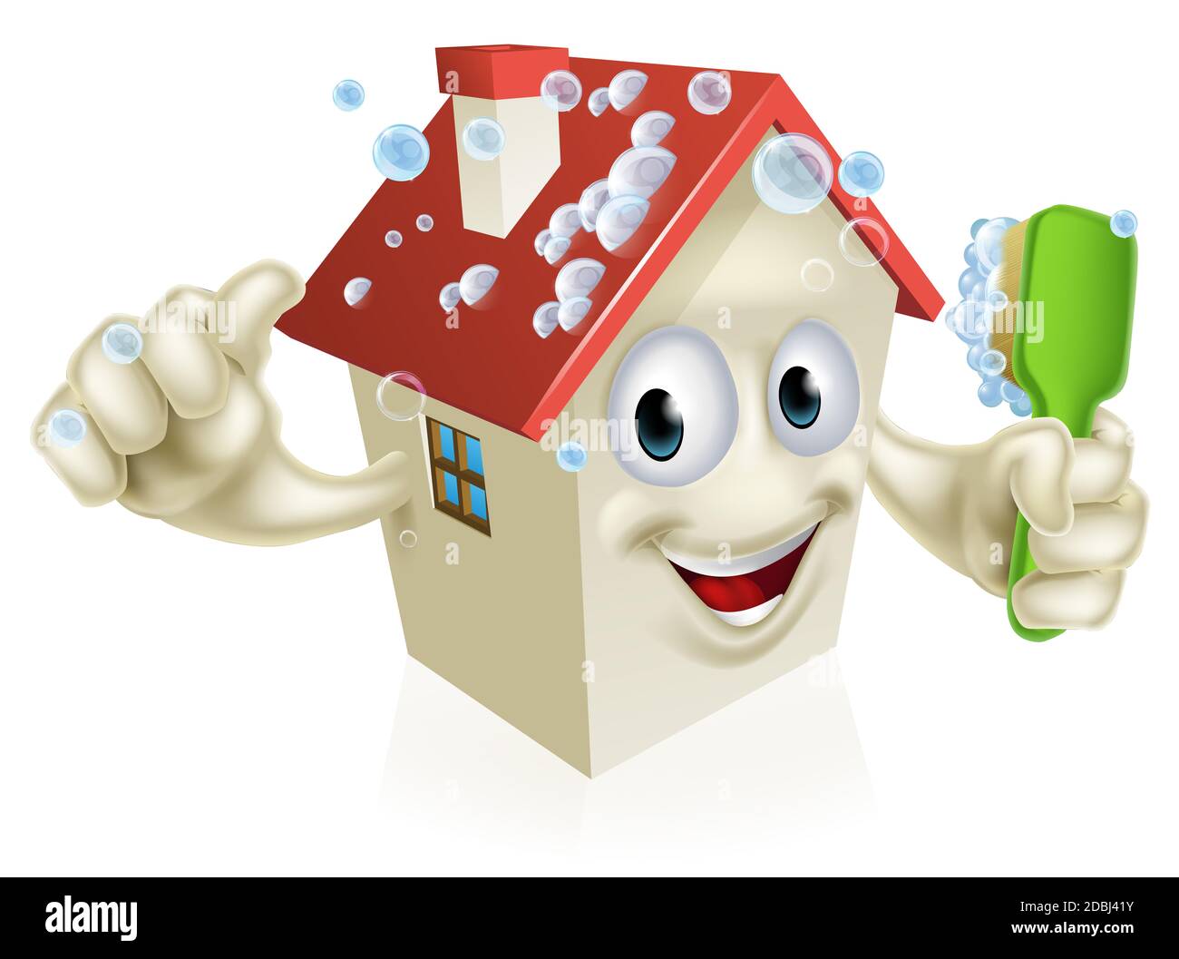 An illustration of a cartoon house cleaning mascot giving a thumbs up and cleaning himself with a bubble covered brush Stock Photo