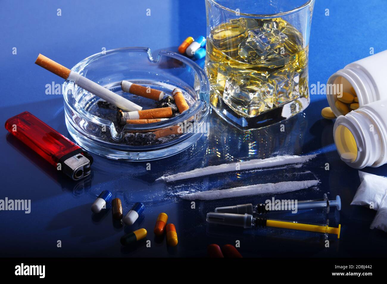 Addictive substances, including alcohol, cigarettes and drugs Stock ...