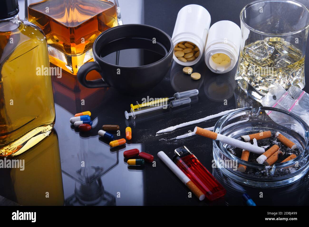 Addictive substances, including alcohol, cigarettes and drugs Stock
