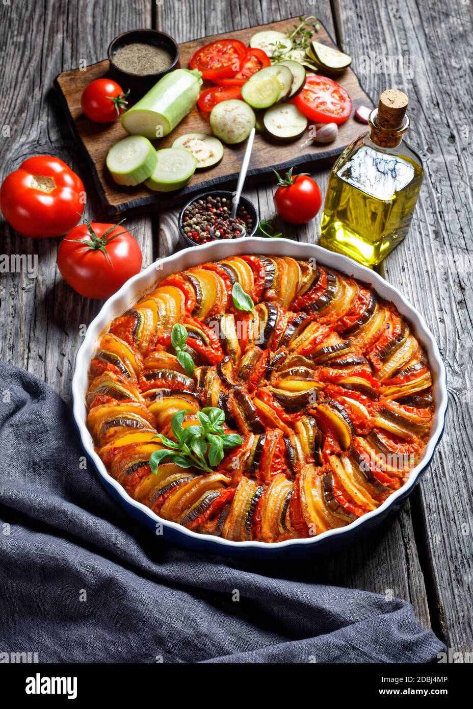 ratatouille, vegetable stew of sliced eggplant, zucchini, onion and