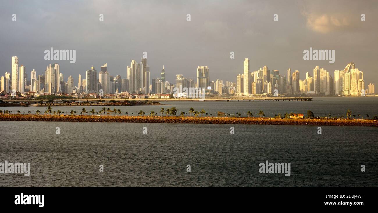 Panama City skyline at dusk, Panama, Central America Stock Photo