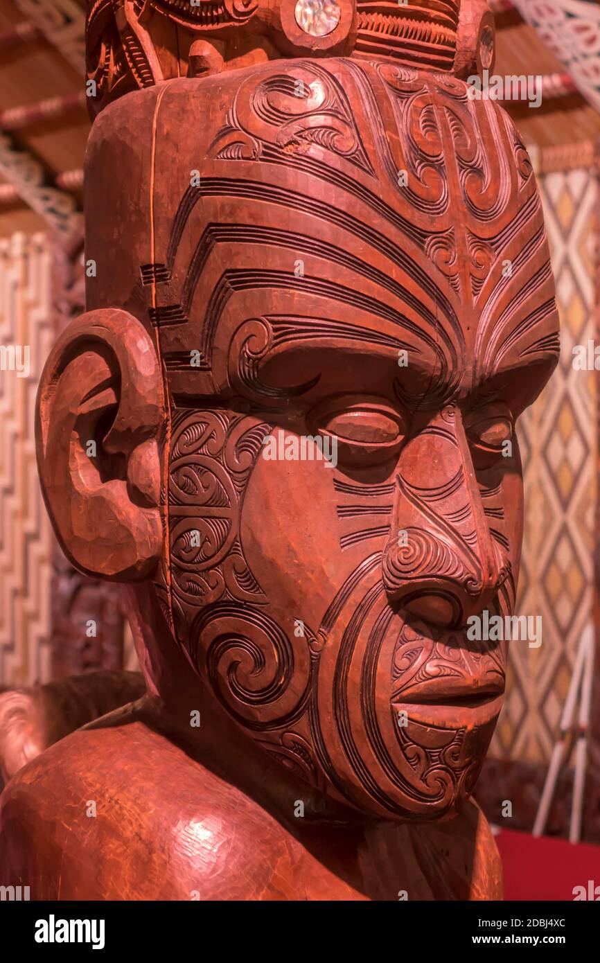 Carving in Maori Meeting House, Waitangi, Bay of Islands, North Island, New Zealand, Pacific Stock Photo