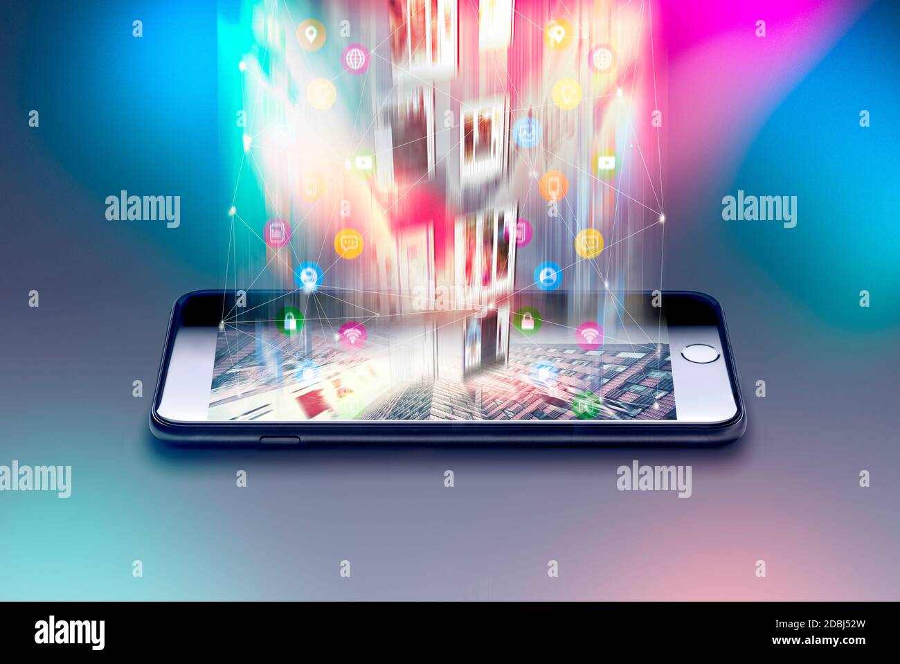 Encrypted mobile data from a smartphone, 5G steaming service Creative abstract mobile internet web communication security and safety business commerci Stock Photo