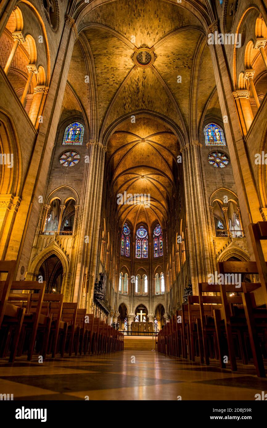 Pre fire interior of Notre Dame Cathedral, Paris, France, Europe Stock Photo