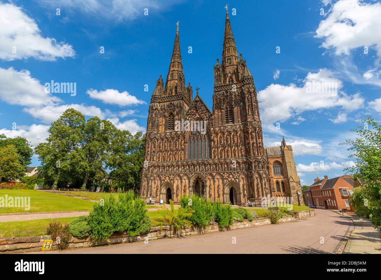 View of Lichfield Cathedral West facade from The Close, Lichfield, Staffordshire, England, United Kingdom, Europe Stock Photo
