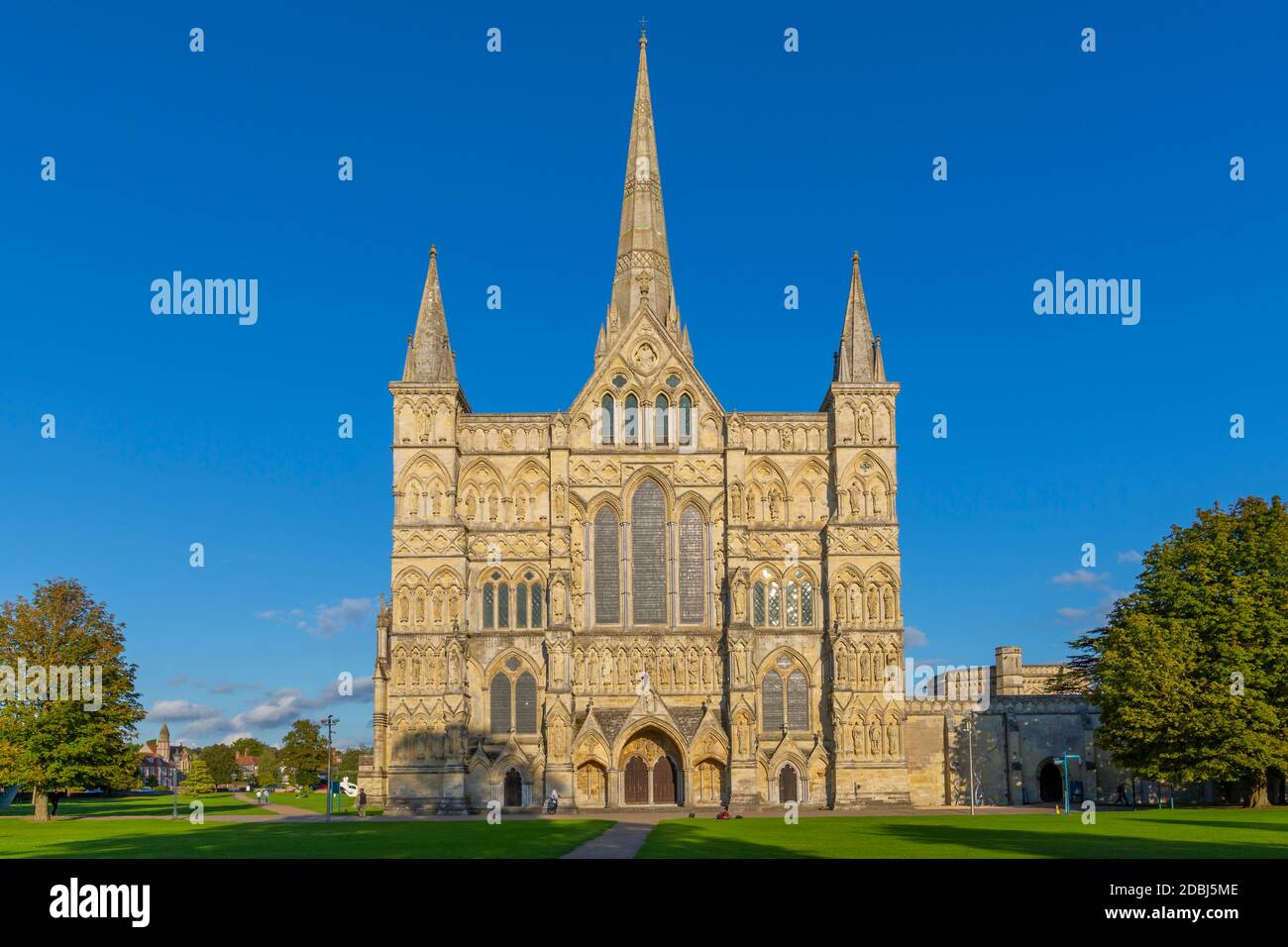 View of Salisbury Cathedral against clear blue sky, Salisbury, Wiltshire, England, United Kingdom, Europe Stock Photo