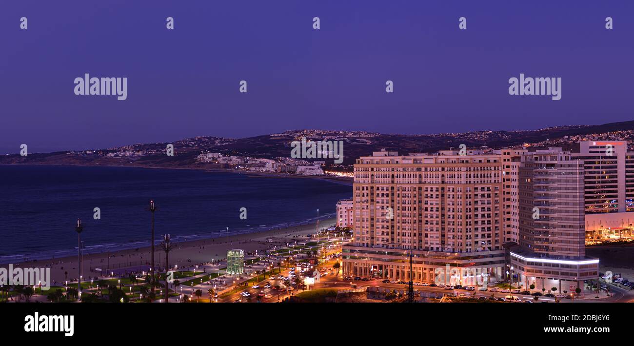 Panoramic view of Tangier at night. Tangier is a Moroccan city located in the north of Morocco in Africa. Stock Photo