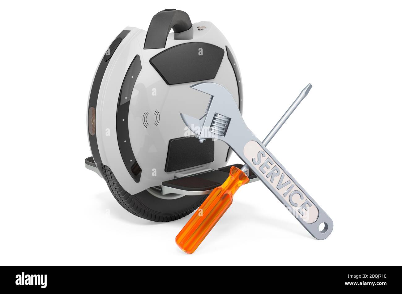 Service and repair of electric unicycle, 3D rendering isolated on white