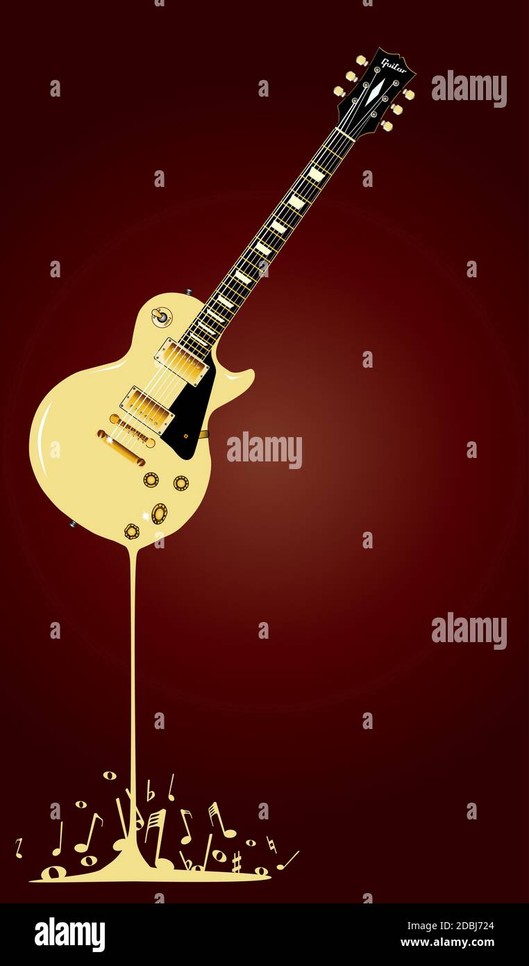 A rock guitar melting down with musical notes spashing around at the base. Stock Photo