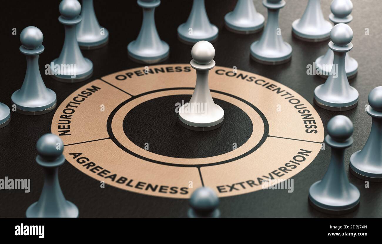 3d illustration of pawns over black background and a circle shape with 5 words around it representing the big five personality traits and the ocean mo Stock Photo