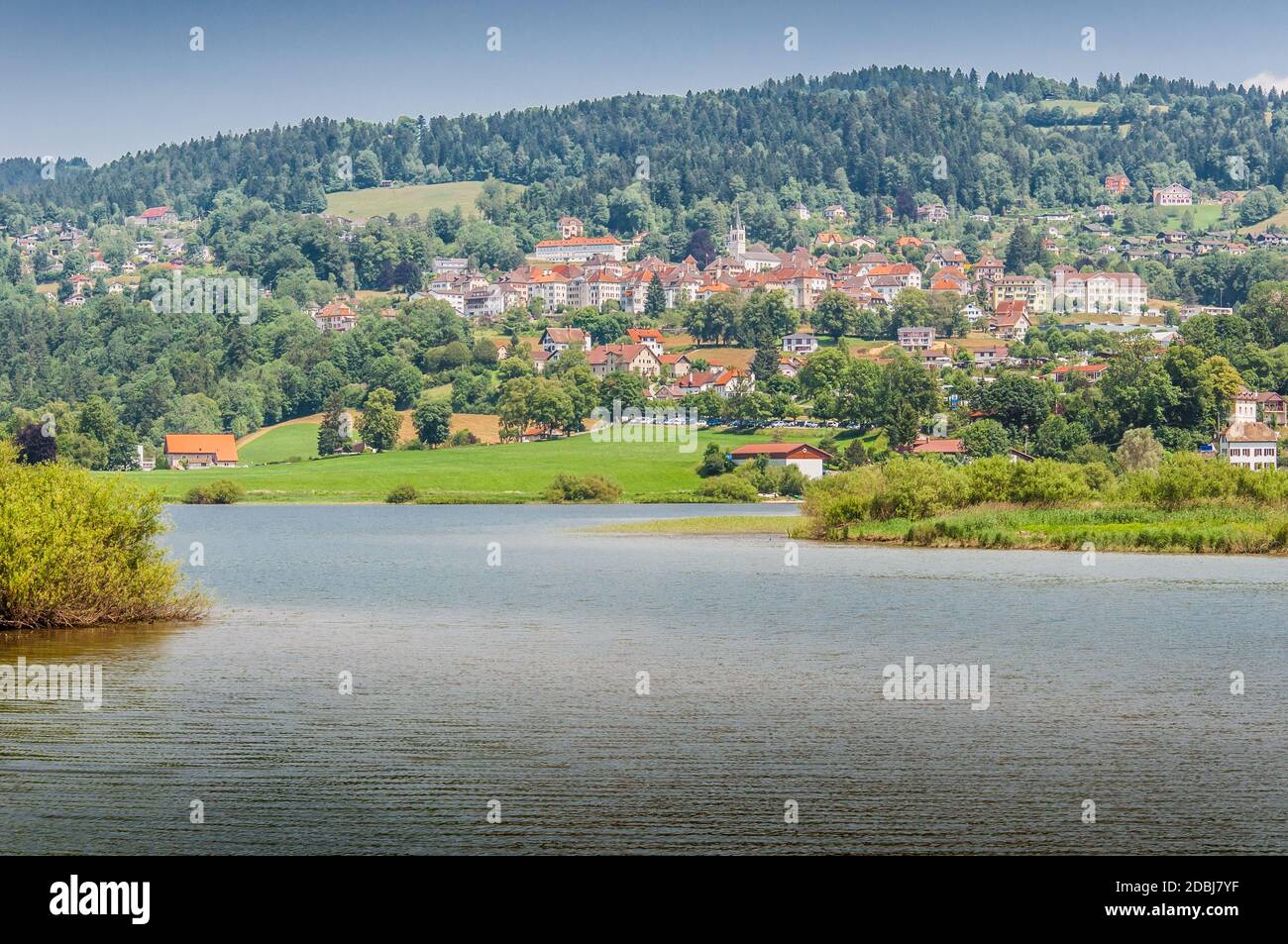 Villers-le-Lac on the banks of the Doubs and the Doubs waterfalls in France Stock Photo
