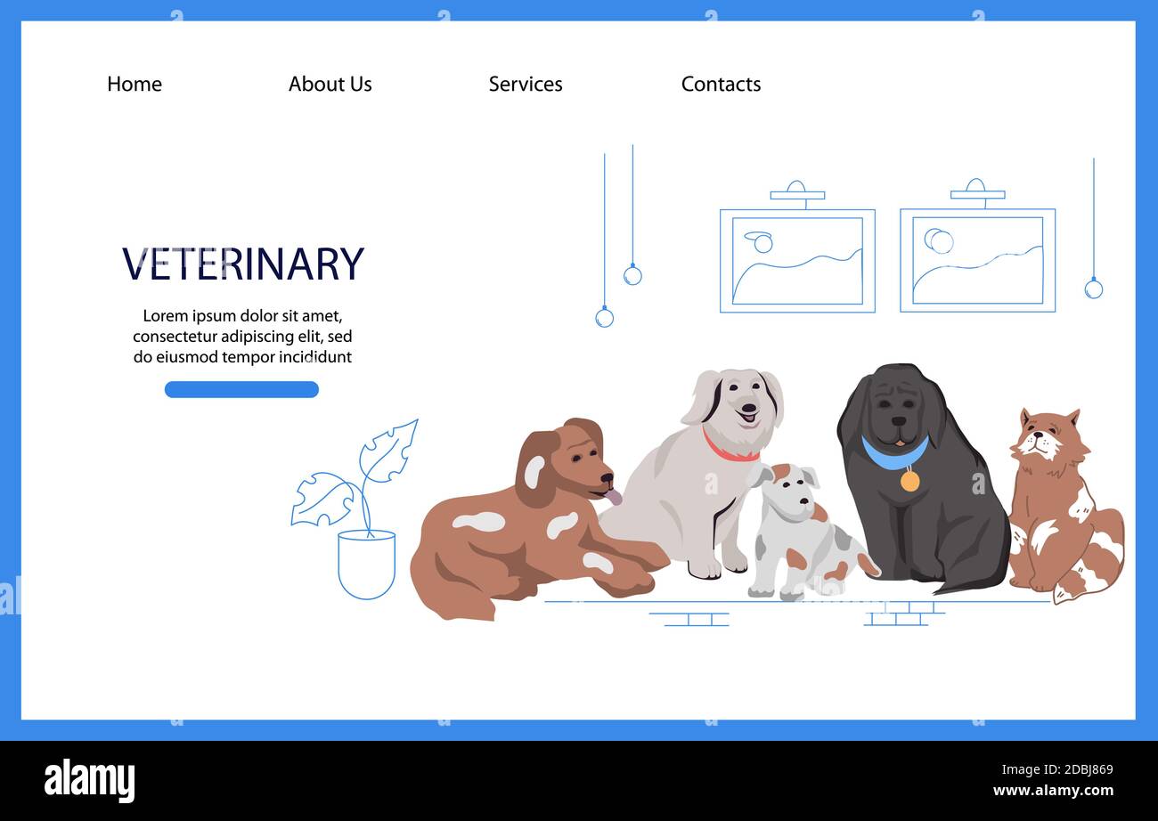 Veterinary clinic website of pets care service and flat vector