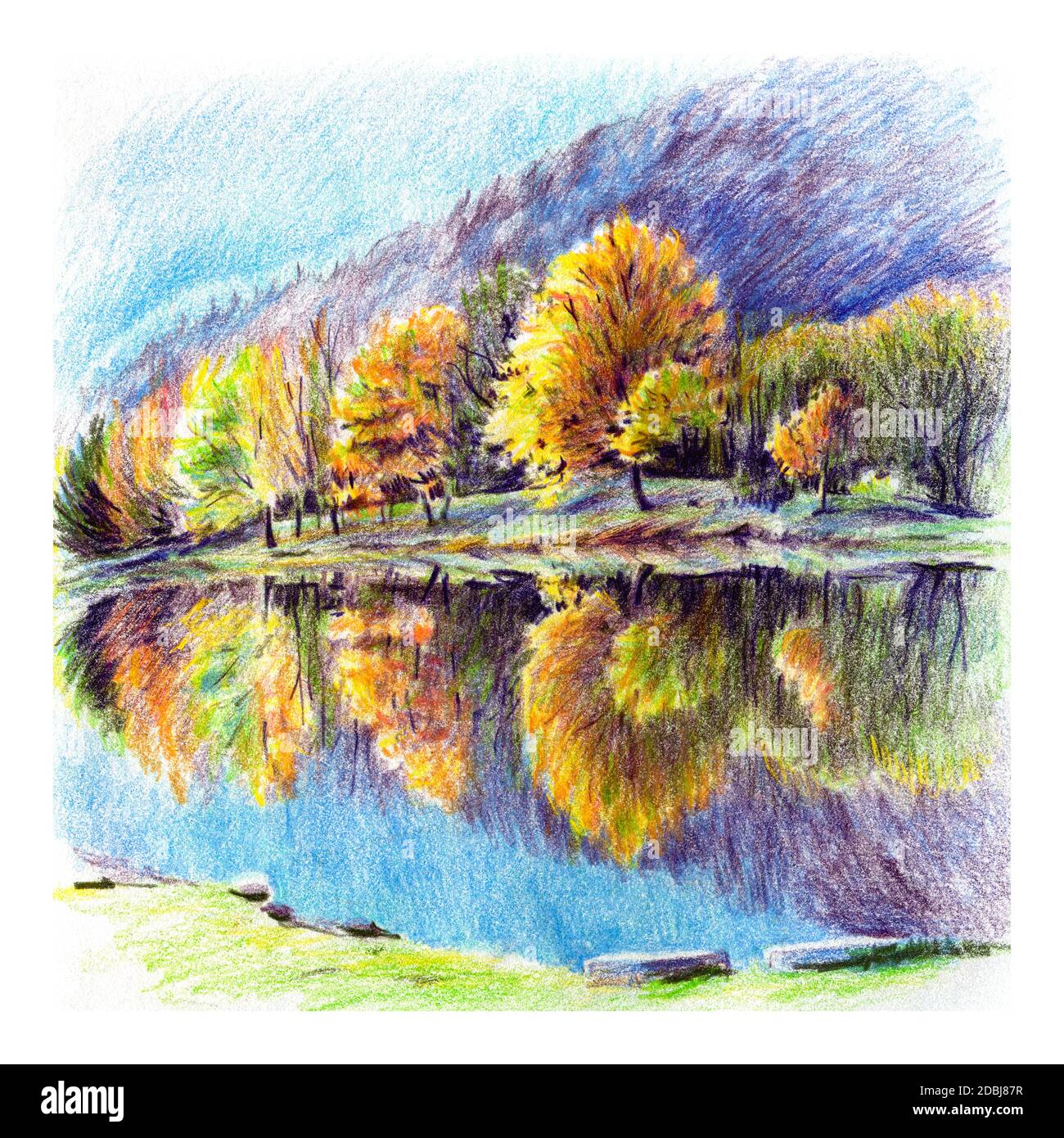 Colored pencils sketch of Sunny autumn carpathian Lake and forest Stock Photo
