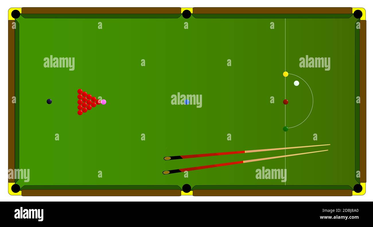 A typical full size snooker table with balls and snooker cues. Stock Photo