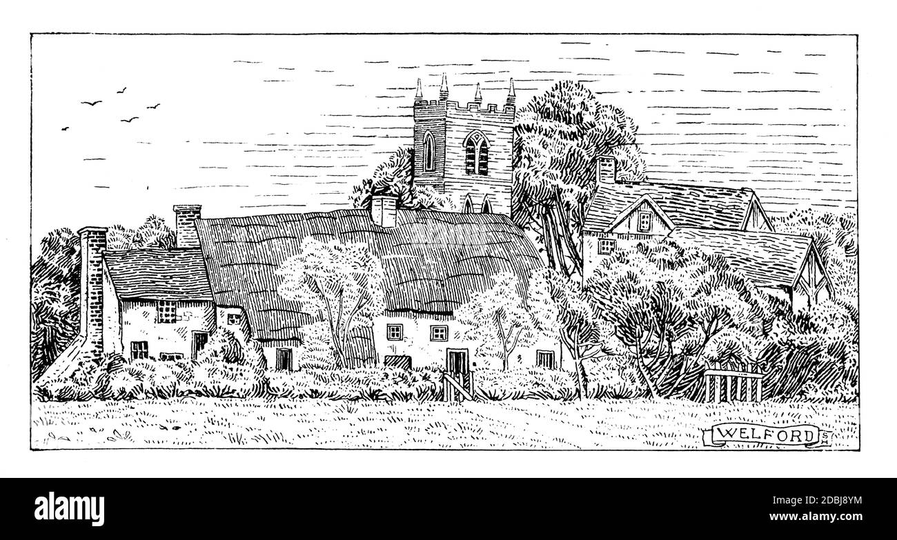 Welford on Avon, skyline line illustration by Sidney Heath, from 1896 The Studio an Illustrated Magazine of Fine and Applied Art Stock Photo