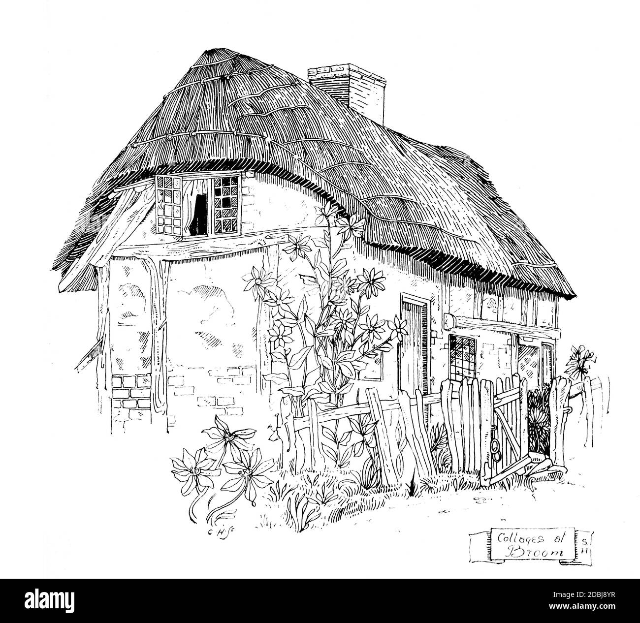 Cottage at Broom, line illustration by Sidney Heath, from 1896 The Studio an Illustrated Magazine of Fine and Applied Art Stock Photo