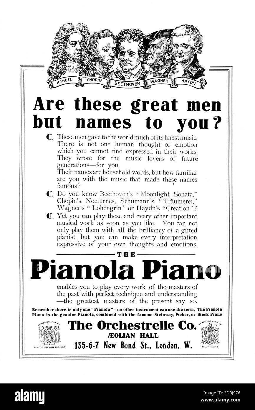 Orchestrelle Company advertisement for Pianolas from 1907 The Studio an Illustrated Magazine of Fine and Applied Art Stock Photo