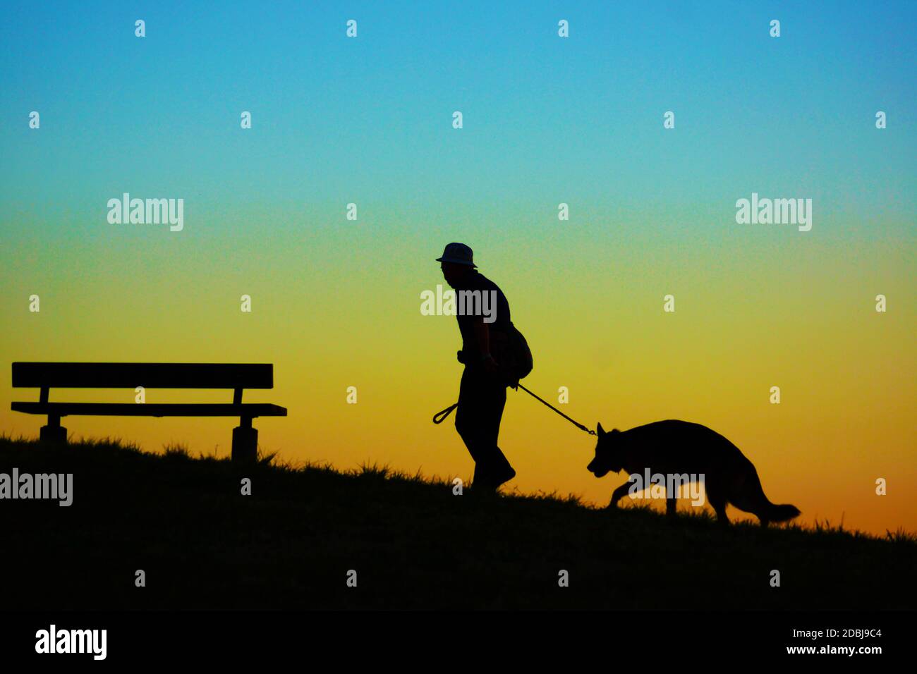 People walking evening of the hill with his dog Stock Photo Alamy