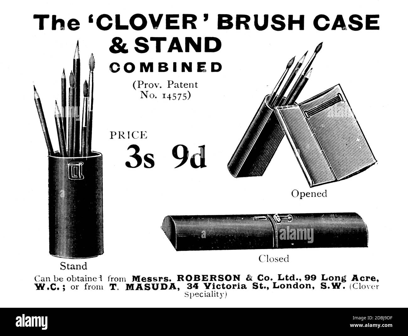 Clover brush case and stand, artist’s materials advertisement from 1907 The Studio an Illustrated Magazine of Fine and Applied Art Stock Photo