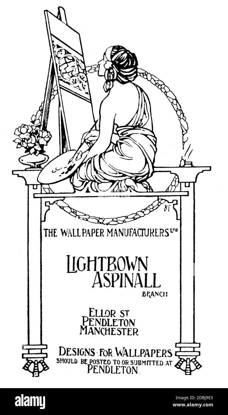 woman at easel, hand drawn advertisement for Lightbown Aspinall of Manchester, from 1912 The Studio an Illustrated Magazine of Fine and Applied Art Stock Photo