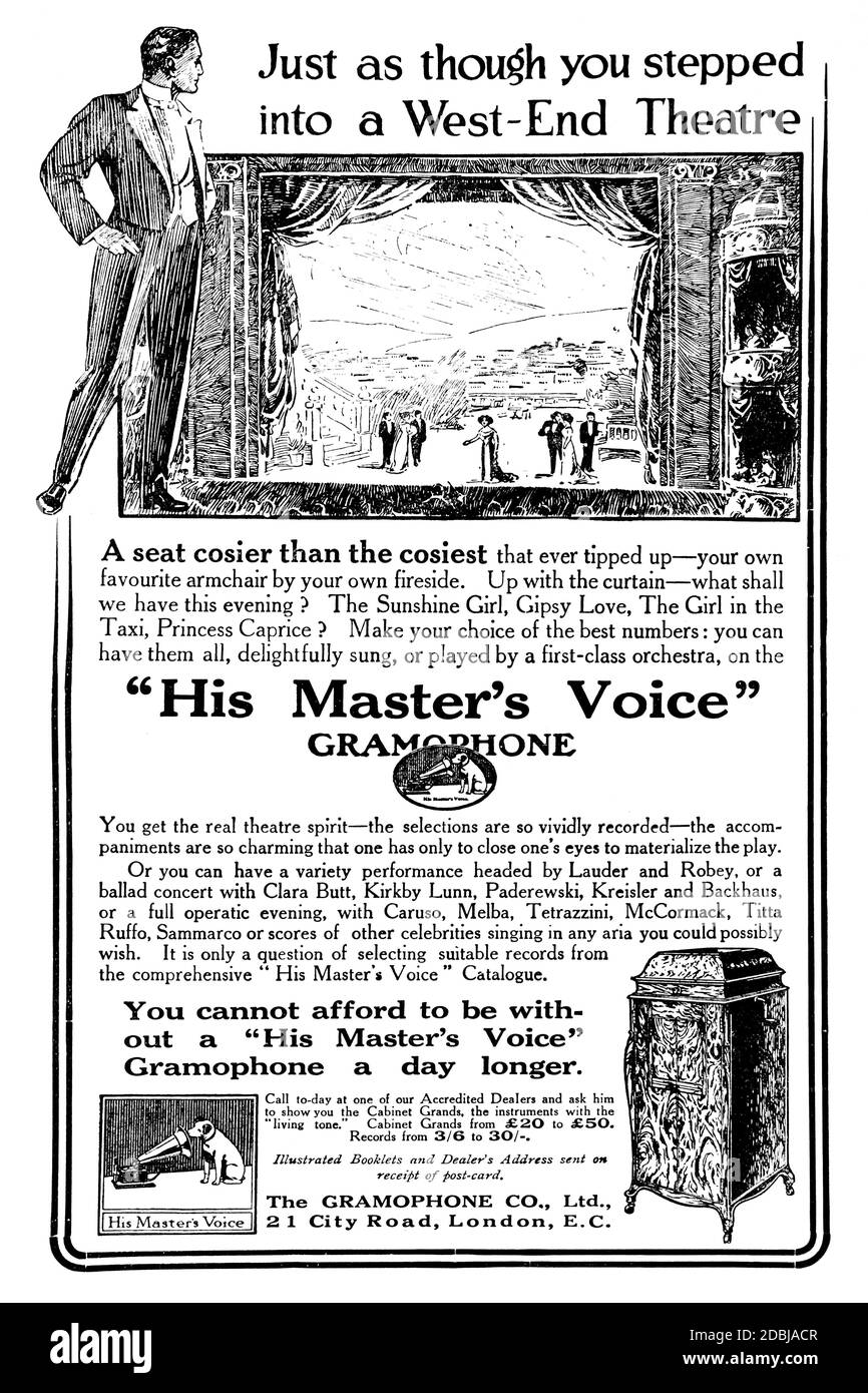 Just as though you stepped into a West-End theatre 1914 His Master’s Voice Gramophone advertisement from The Studio an Illustrated Magazine of Fine an Stock Photo