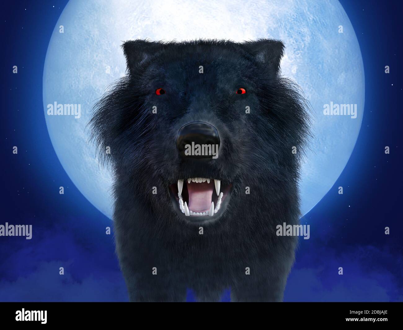 3D rendering of a black growling aggressive wolf or werewolf with glowing red eyes in front of a big moon. Stars in the night sky, fog on the ground. Stock Photo