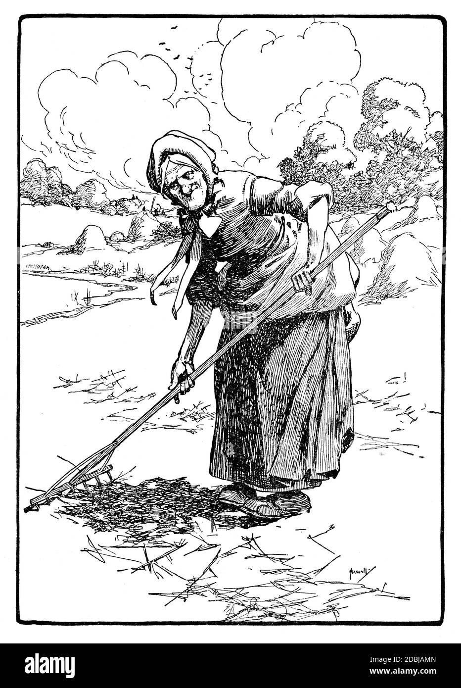 A Suffolk Scene, woman raking field with wooden rake, illustration from