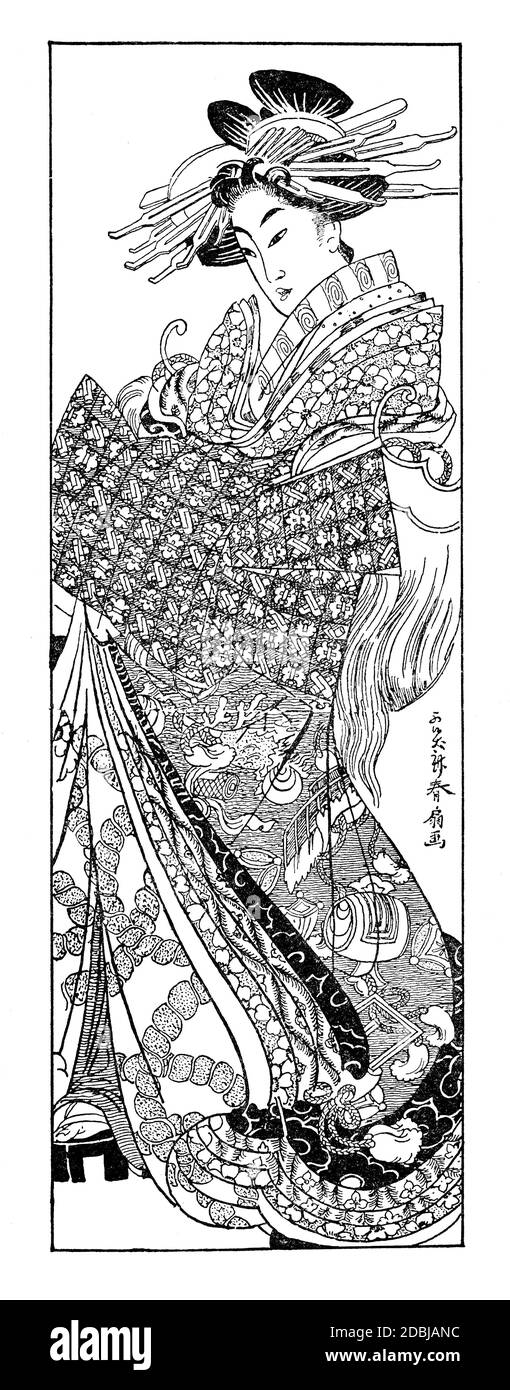 18th century Japanese costume by Shunsen, line illustration of 1700s oriental textile from Historic Textile Fabrics by Richard Glazier Stock Photo