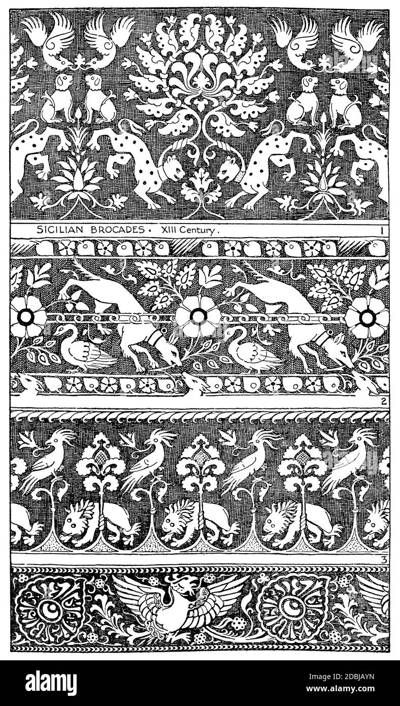 18th century Sicilian Brocades, line illustration of 1700s Italian textile from Historic Textile Fabrics by Richard Glazier Stock Photo