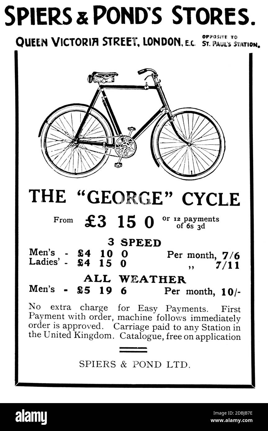 1914 George cycle advertisement for Spiers and Ponds bicycle store, Tottenham Court Road, London, from The Studio an Illustrated Magazine of Fine and Stock Photo