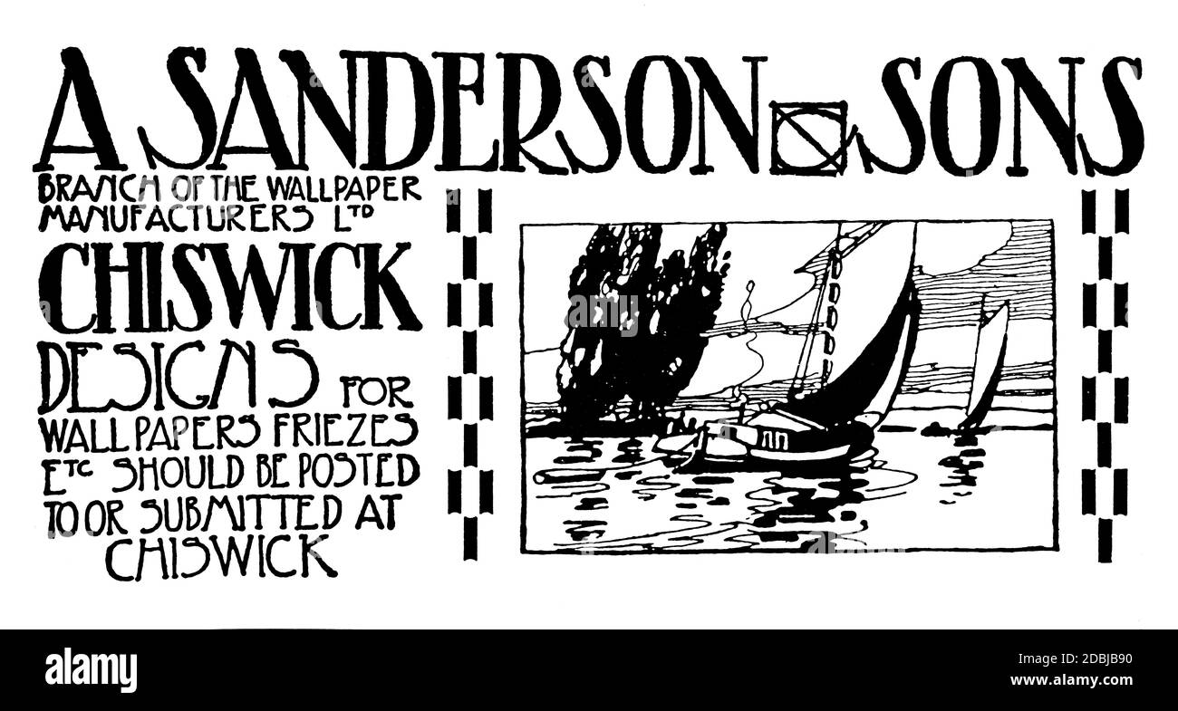 hand drawn sailing boat design advertisement for A Sanderson & Sons, wallpaper manufacturers of Chiswick, London from 1890s The Studio an Illustrated Stock Photo