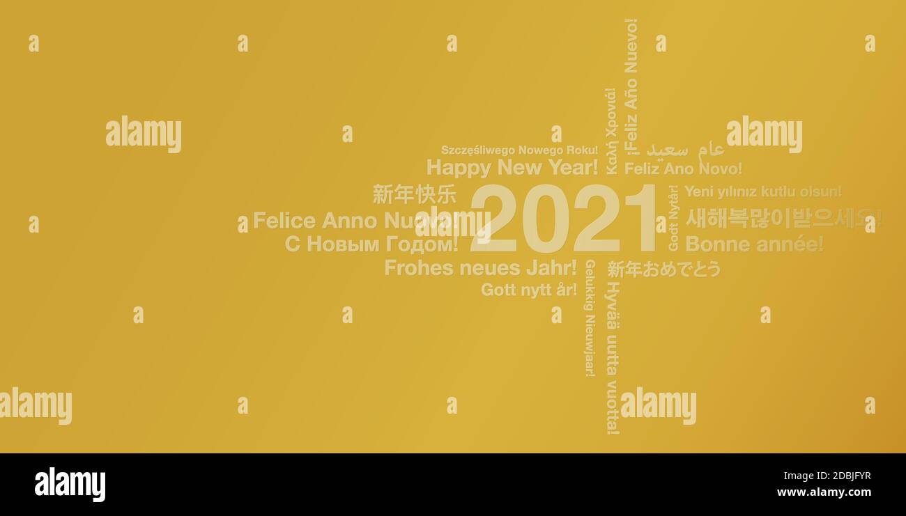 golden happy new year 2021 card in many different languages, greeting card with word cloud vector illustration Stock Vector