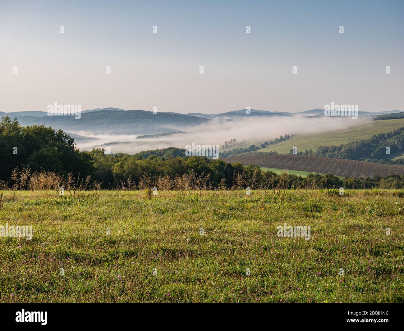 The morning mist hangs in the valleys of a hilly landscape Stock Photo