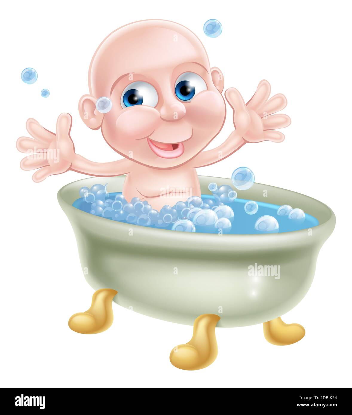 An illustration of a happy cute cartoon baby in a bubble bath waving Stock Photo