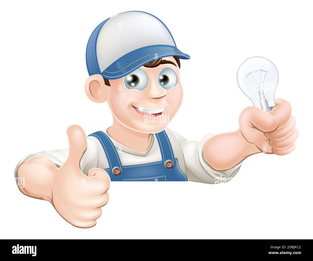 An illustration of a cartoon electrician giving a thumbs up and holding a light bulb Stock Photo