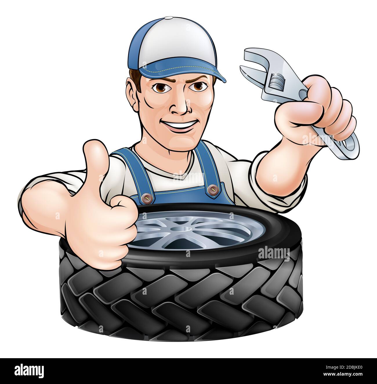 Cartoon mechanic man with wrench or spanner and car tyre (tire) Stock Photo