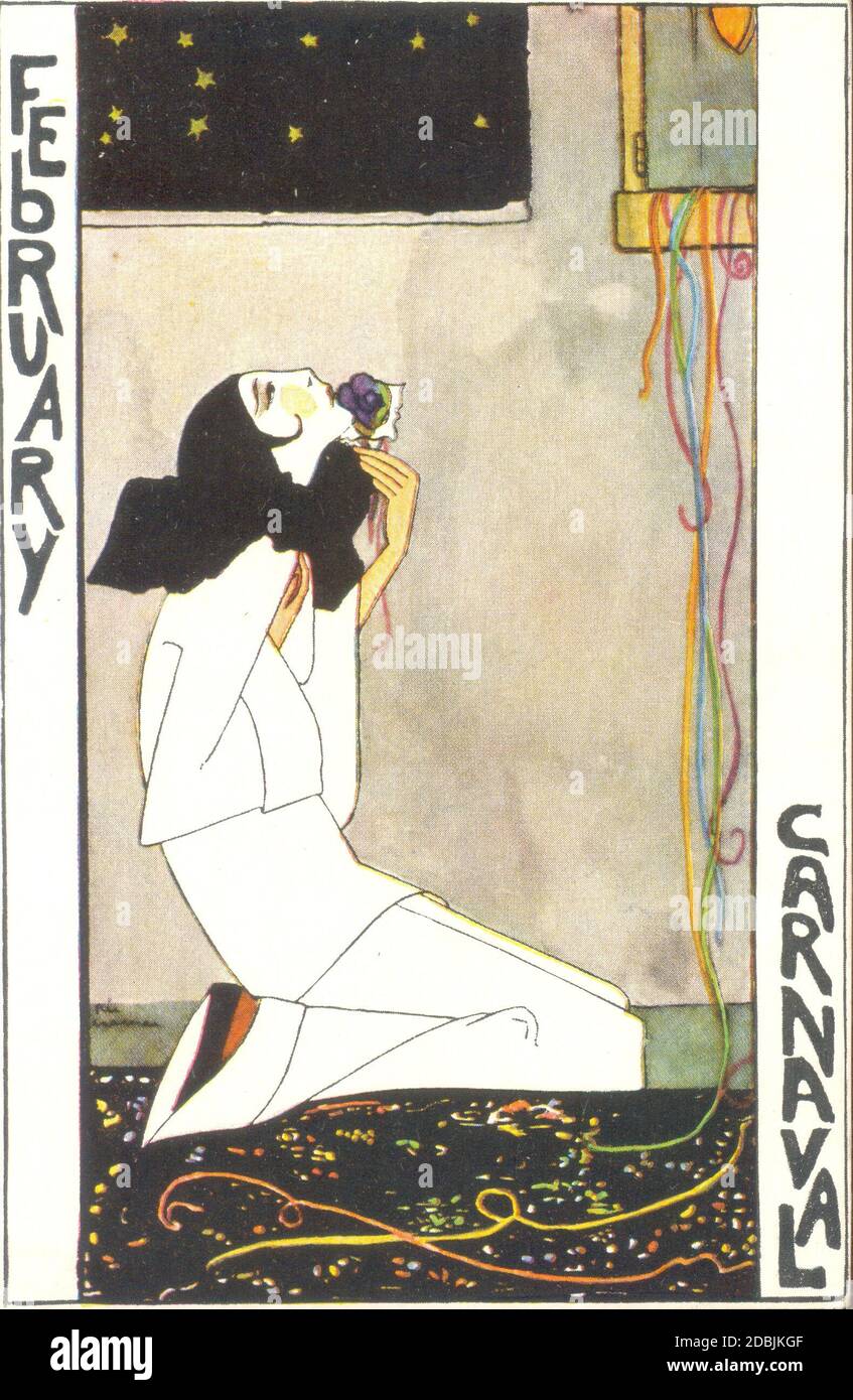 Post card showing poignant image titled February Carnaval circa 1905 Stock Photo