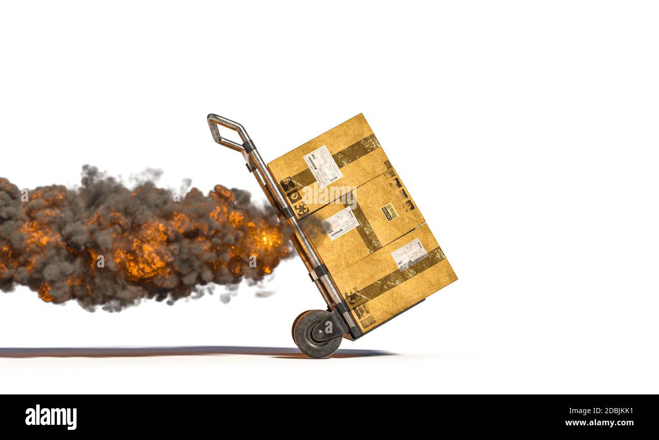 handtruck with different parcels with flames and smoke. Fast and expedited shipping concept. 3d render. White background. Stock Photo