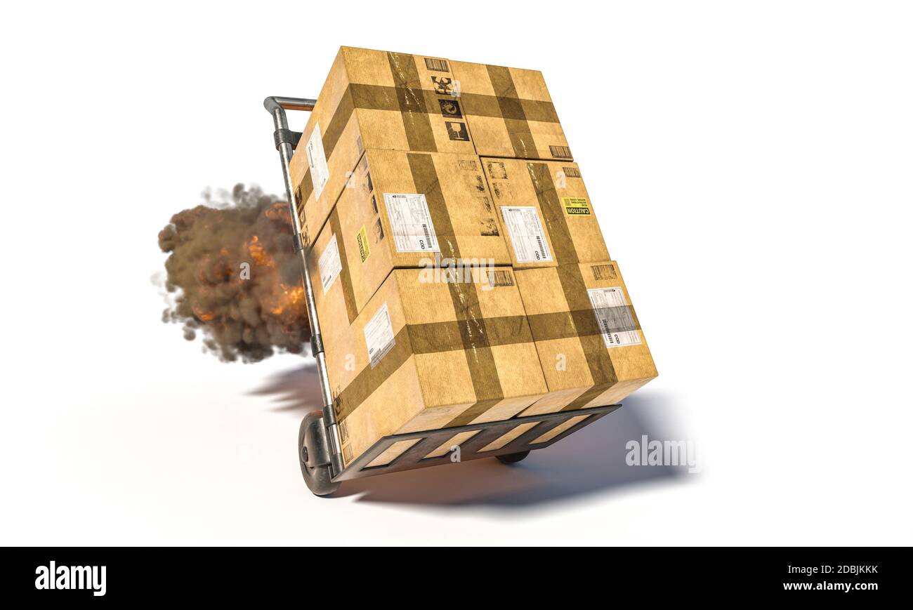 handtruck with different parcels with flames and smoke. Fast and expedited shipping concept. 3d render. White background. Stock Photo