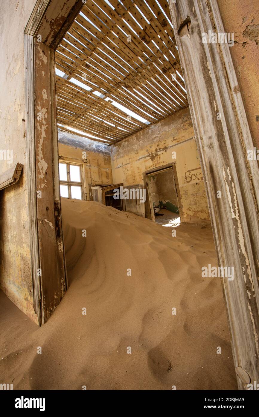 Sand has invaded and taken over these rooms in Kolmanskoppe, Namibia Stock Photo