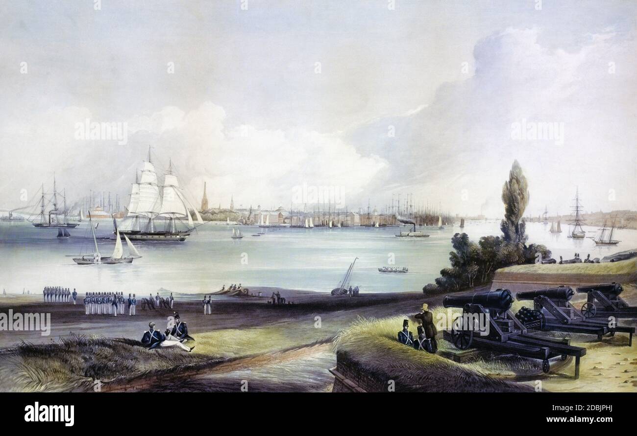 New York. Taken from the North west angle of Fort Columbus, Governor's Island.  After a mid-19th century engraving by Henry Papprill after a work by Frederick Catherwood. Stock Photo