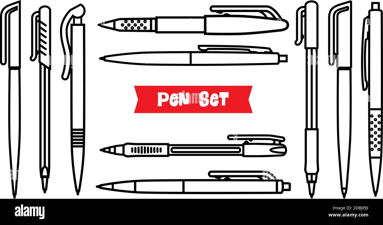 Stationery collection. Writing tools. Pens set. Outline style