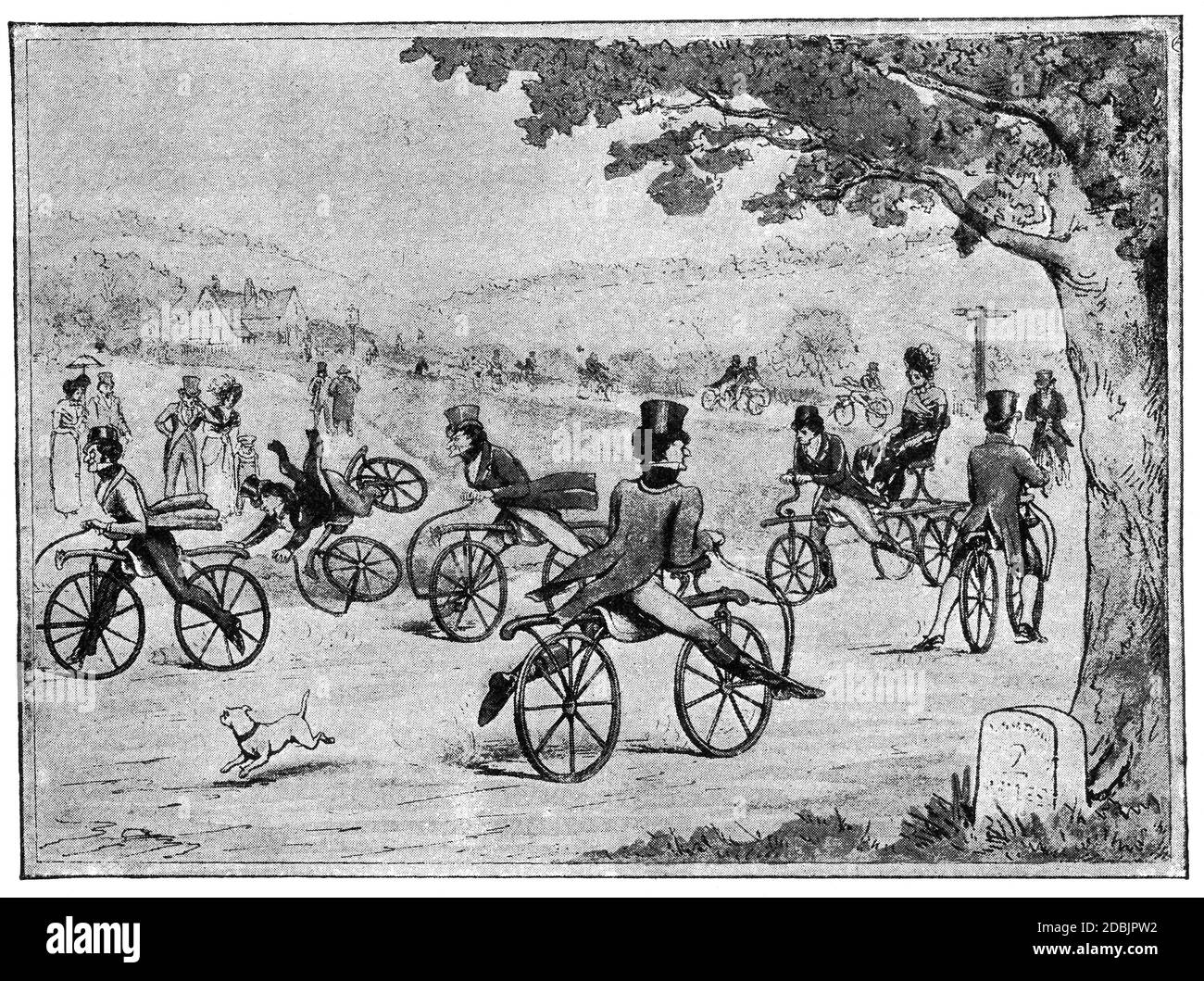 Bicycle School, 1811. Illustration of the 19th century. White background. Stock Photo