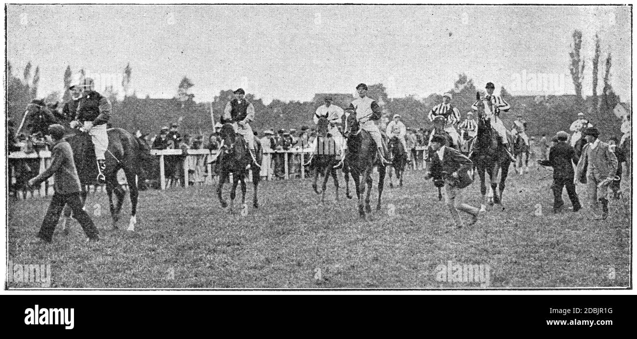 Thoroughbred horse racing. Illustration of the 19th century. White background. Stock Photo