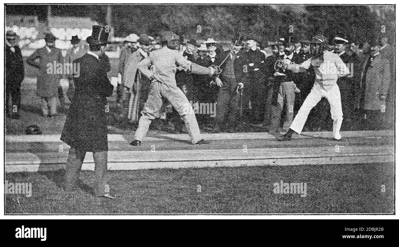 Saber fight at the Berlin Fencing Club. Illustration of the 19th
