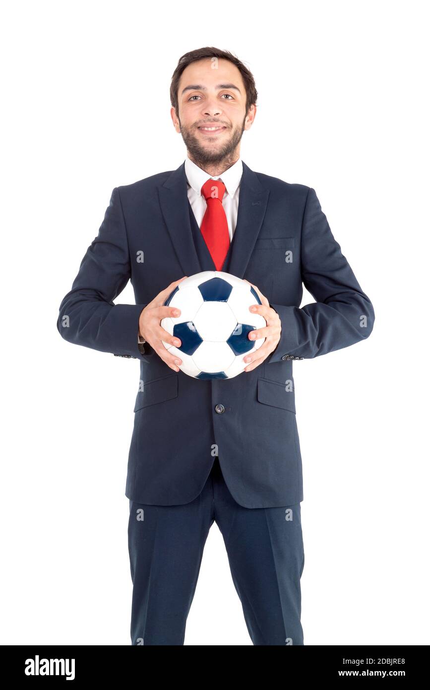 Businessman with soccer ball posing isolated in white Stock Photo - Alamy
