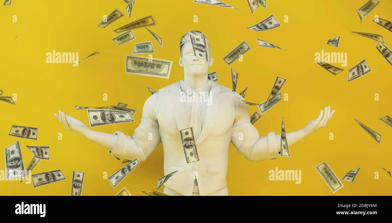 Money Falling From the Sky with Caucasian Business Man Stock Photo - Alamy